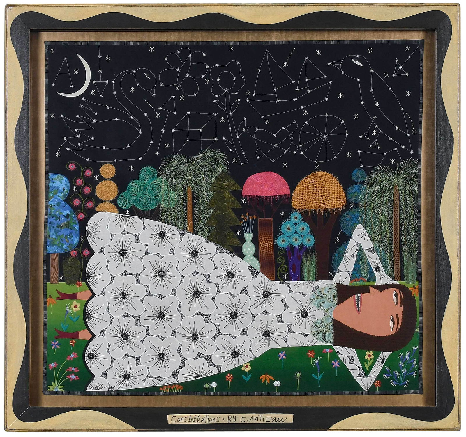 Chris Roberts Antieau: (American, born 1950) Constellations, mixed media fabric paintings, composed of appliqu‚ and embroidery, labeled and dated verso "Chris Roberts-Antieau/2010", 25 x 27 in.; artist painted frame, 30-1