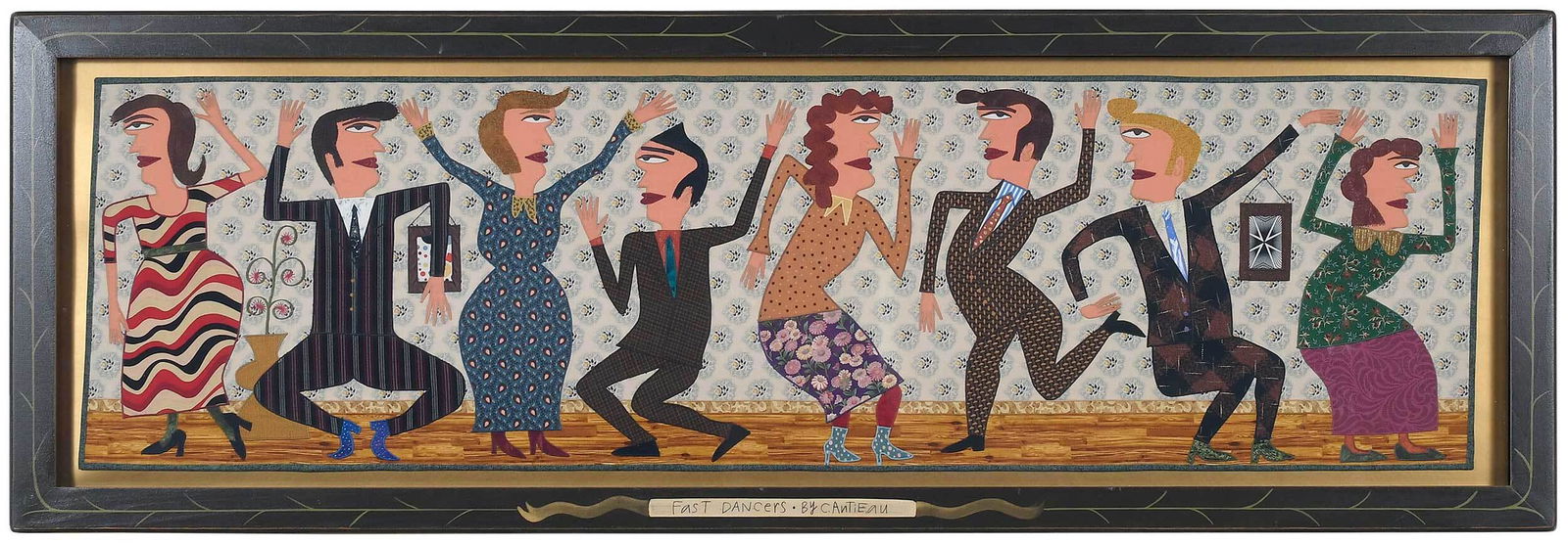 Chris Roberts Antieau: (American, born 1950) Fast Dancers, mixed media fabric paintings, composed of appliqu‚ and embroidery, labeled and dated verso "Chris Roberts-Antieau/2010", 15 x 53 in.; artist painted frame, 20 x 5