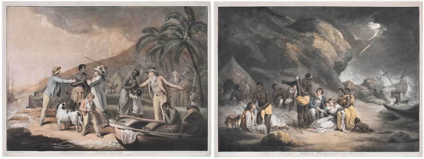 A Pair of Abolitionist Prints after George Morland: (British, 1763-1804) John Raphael Smith (British, 1752-1812) engraver, after George Morland, 1791: African Hospitality, plate 18-15/16 x 25-13/16 in., sheet 19-5/8 x 26-1/2 in.; Slave Trade, plate 19