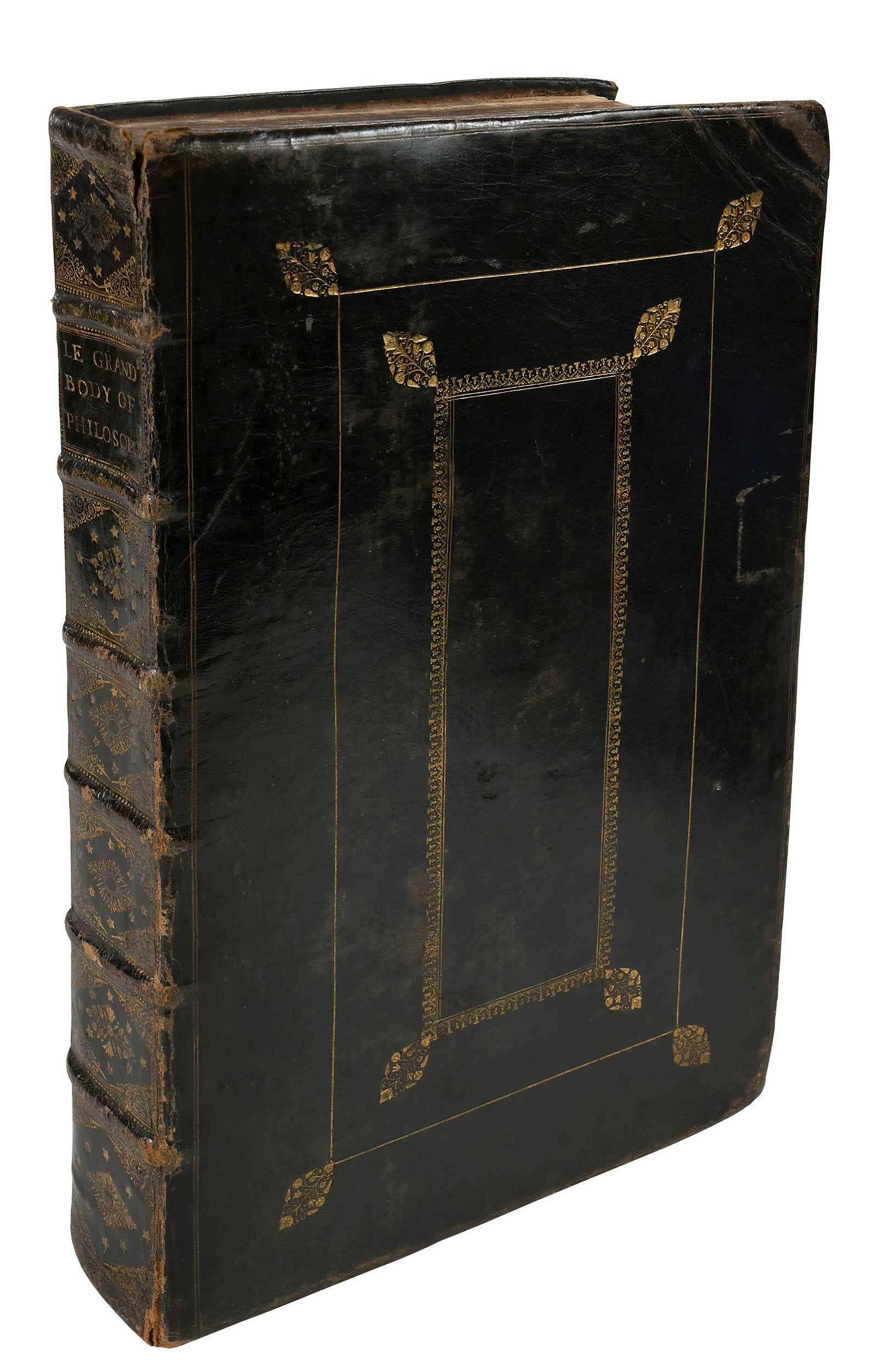 An Entire Body of Philosophy...: [...According to the Principles of the Famous Renate Des Cartes] by Rene Descartes, Anthony Le Grand, London: Samuel Roycroft, 1694, bound in full black leather, cover with gilt ruling, spines with gi