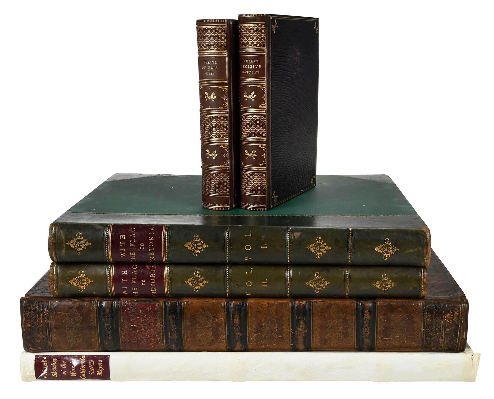 Five World Military History Titles: six volumes total, including: [The History of the Wars Occasioned by the French Revolution] by William Nicholson, London: Richard Evans, et. al., 1816, bound in full leather, blindstamped and gilt let