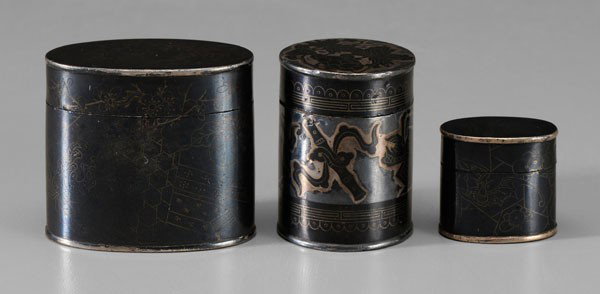 Three Copper Boxes: Chinese, 19th or 20th century: niello-type decoration, silver rims: one oval, lid with deer looking at bell in conifer, sides with Hundred Antiques, 1-3/4 x 1 x 1-1/8 in.; one cylindrical, lid with te