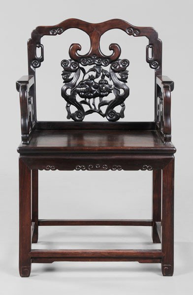 Carved Rosewood Open-Arm Chair: Chinese, rosewood and mahogany with tenon construction and pierce-carved splat, 37-1/2 x 23-1/4 x 17-1/2 in., seat and seat back with minor cracks and shrinkage separations, other scattered surface we