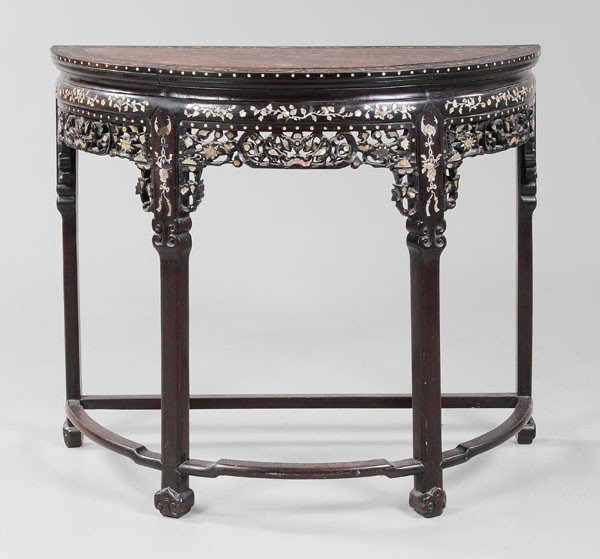 Mother-of-Pearl Inlaid Marble-Top Pier: Table, Chinese, mahogany(?) and rosewood elaborately inlaid with mother-of-pearl, pierced and carved skirt, rose-to-ivory inset marble top, 34-3/8 x 41-1/4 x 20-3/4 in., scattered losses to inlay, som