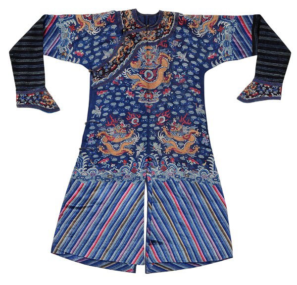 Blue Court Robe: Chinese, late 19th/early 20th century, summer-weave gauze, nine silk and metallic thread embroidered dragons among clouds over waves, scattered cranes, bats, symbols of The Eight Treasures, five frog 