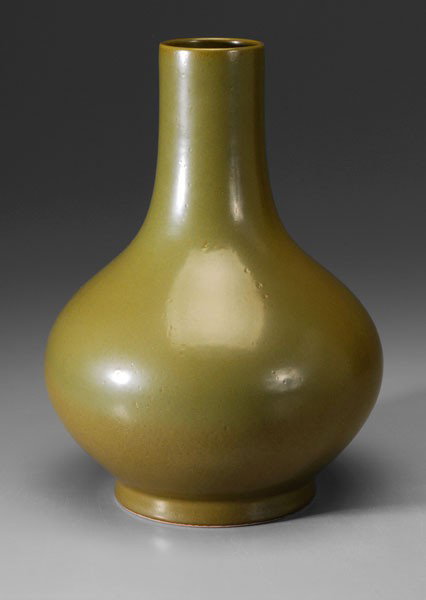 Teadust Porcelain Vase: Chinese, [tianqiuping,] speckled golden olive, base with incised six-character Guangxu mark in an olive-brown cartouche, 13-1/4 in., very minor scratch, otherwise excellent condition