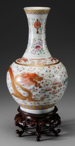 [Famille Rose] Porcelain Bottle Vase: Chinese, dragon and phoenix among four-colored clouds, rising sun with gilt character, gilt pearl between them, shoulders with two dragons, neck with the eight Buddhist symbols, base with blue six-cha