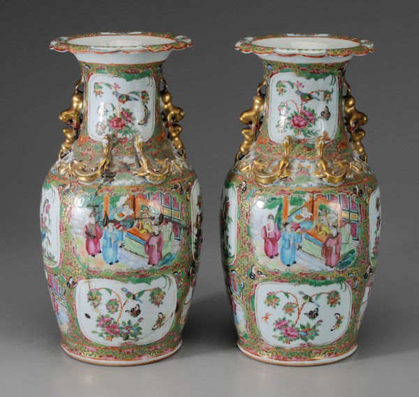 Pair [Famille Rose] Porcelain Vases: Chinese, rose medallion, baluster forms, shoulders with applied dragons, approximately 17 in., one with extensive cracks and staple repairs, other in good condition, both with minor wear and loss to g