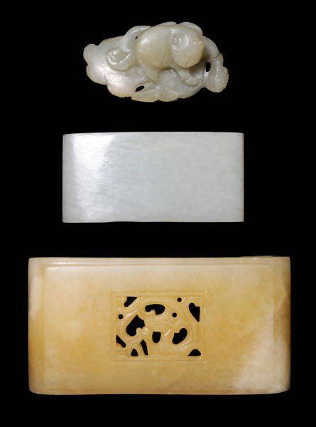 Agate and Jade Stands, Jade Toggle: Chinese, pale yellow agate stand with white inclusions, reticulated panel with dragon, 1 x 3-7/8 x 2 in., [very minor scratches and chips;] translucent white jade stand, 1/2 x 2-3/4 x 1-3/8 in., [exce