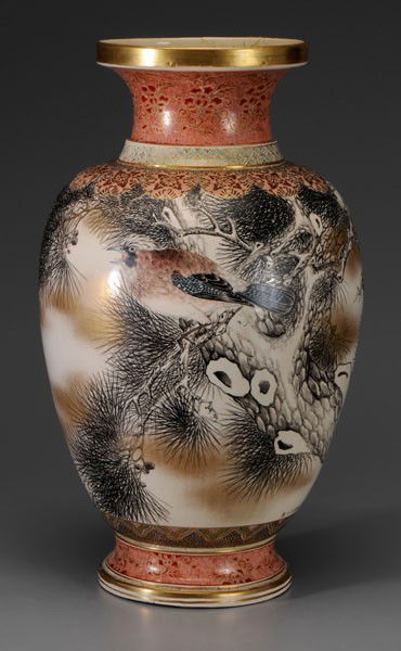 Large Kinkozan Earthenware Vase: Japanese, late 19th/early 20th century, baluster form, finely decorated with bird perched in conifer, other birds flying through the branches, gilt nine-character mark below trunk, 23-3/4 in.; with co