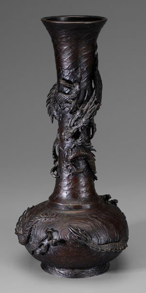 Bronze Dragon Vase: Japanese, 20th century, baluster form, dragons molded as diving in and out of clouds or water, base with molded five-character mark in cartouche, 18 in., minor losses to spines on tails and backs, oth