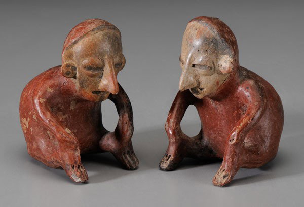 Pair Pre-Columbian Figures: attributed to the Jalisco region of Mexico, 200 BC to AD 300, hunchbacks with rattles, 3-3/4 in.; lot accompanied by certificate of authenticity, appraisal, and receipt from Heather James Art & Antiqu