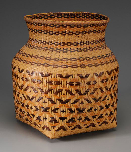 Rowena Bradley Monumental Cherokee: Basket, (North Carolina, 1922-2003), river cane, repeating diamond designs, probably walnut and bloodroot dyes, interior with original stretcher sticks, probably mid 20th century, 19 in., with origina