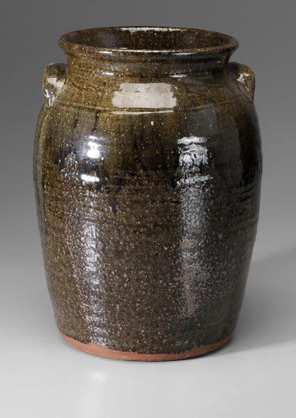 B. B. Craig Monumental Jar: (Burlon Craig, Lincoln County, North Carolina,1914-2002), stoneware with medium olive alkaline glaze with blue rutile runs, shoulder with wavy-line decoration, base stamped "BB Craig, Vale NC", 16-1/2