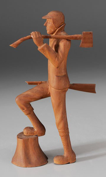 Carving by Kendall Wayne Martin: (Swannanoa, North Carolina, 1923-1973, brother of Wade Hampton Martin), figure of a lumberjack, possibly Paul Bunyan, with axe on shoulder and rifle in his hand, 9-1/4 in., some glue residue at hand a