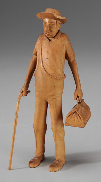 Wade Martin Carving, Country Doctor: figure of man with hat and moustache and holding medicine bag and cane, bag initialed "MD", figure signed under one foot "WHM" (Wade Hampton Martin, Swannanoa, North Carolina, 1920-2005), 8-1/2 in., d