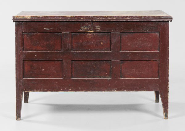 Georgia Paint-Decorated Blanket Chest: attributed to Elbert County, mid-19th century, yellow pine throughout with paneled front and sides, tapered legs, original iron butt hinges, original paint with dark red over green and white(?), pegge