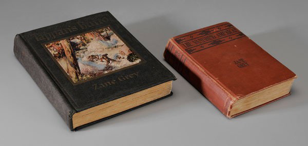 Two Signed Books by Zane Gray: both first edition, Harper & Brothers, hardcovers: [Tappan's Burro and Other Stories,] 1923, original gilt-stamped black cloth cover with color pictorial label, color illustrations, inscribed and sign