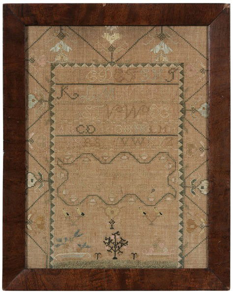 Schoolgirl Needlework: American, probably Massachusetts, 1799, five lines of alphabet over "Phebe Willington's Sampler Wrought in the 12th Year of her age 1799" stitched within a floral vine border, lower panel with flower