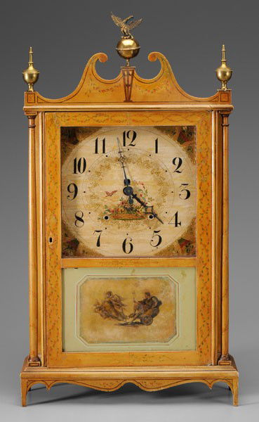 Seth Thomas Pillar-and-Scroll Clock: American, mid 19th century, wooden gears, wooden face with painted spandrels centering a basket of flowers, pencil inscription upper left "John S. Whitefield April 9th 1880", retains original label, b