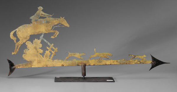 Weathervane With Horse, Hounds and Fox: probably American, late 19th/early 20th century, copper cutout on iron frame, mounted on modern steel base, 41 in. long, traces of old gilding