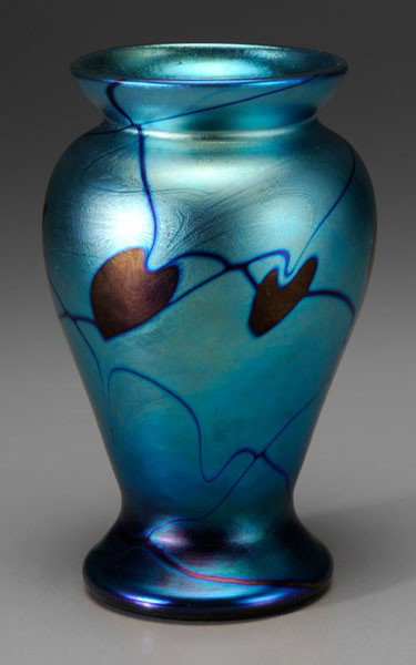 Art Glass Vase: Possibly French, 20th century, hearts and vines on iridescent blue ground, base marked "L.C. Tiffany Favrile 3410L", signature probably spurious, possibly Durand or Lundberg Studios, 7-1/4 in., excell