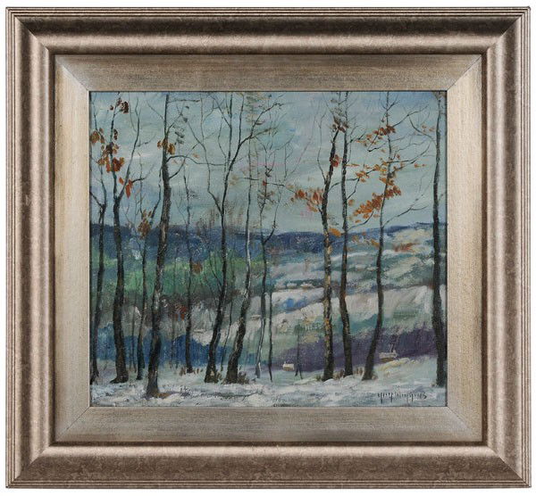 Guy Carleton Wiggins: (New York/Connecticut, 1883-1962), Early Winter, signed lower right "Guy Wiggins", oil on canvas, 16 x 18 in.; modern silver gilt frame, small hole upper right, original stretcher and tacking edge; fr