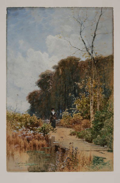 Alfred Thompson Bricher: (New York/New Hampshire, 1837-1908), "Gathering Autumn Leaves", signed lower left "AT Bricher", watercolor and gouache on paper, 23-3/4 x 15-3/4 in.; original 19th century gilt wood and composition fr