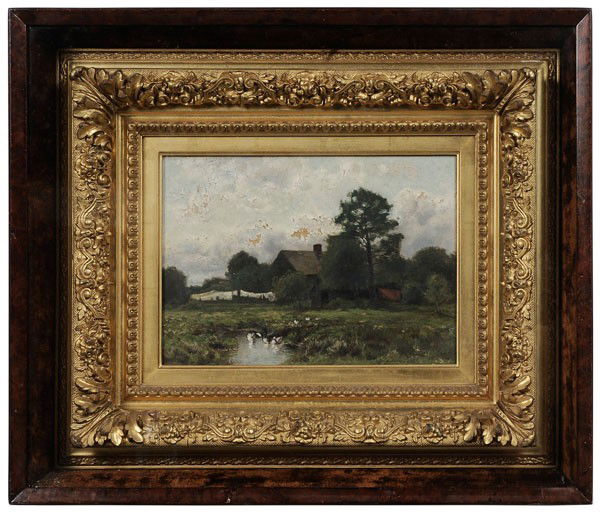 Charles Harry Eaton: (Michigan/Illinois, 1850-1901), Laundry Day, signed lower right "C. Harry Eaton", oil on canvas, 10 x 14 in.; original gilt wood and composition frame within wood veneer shadowbox frame, original stre