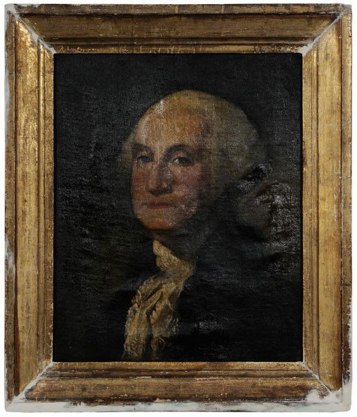After Gilbert Stuart: (American, 1755-1828), George Washington, unsigned, oil on canvas, 22 x 18 in.; original 19th century gilt wood frame, lined, retouch primarily right side and left of cravat, canvas separated from lin