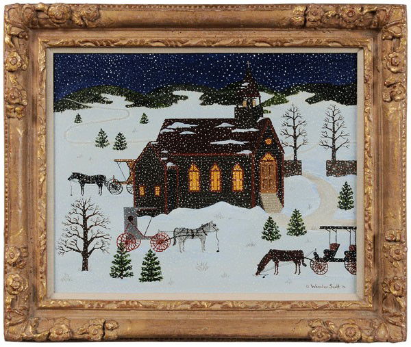 Jane Wooster Scott: (California, born 1920), A Winter's Night at Church, signed lower right "© Wooster Scott '76", oil on canvas, 15-7/8 x 19-7/8 in.; original gilt wood frame, original stretcher and tacking edge, sligh