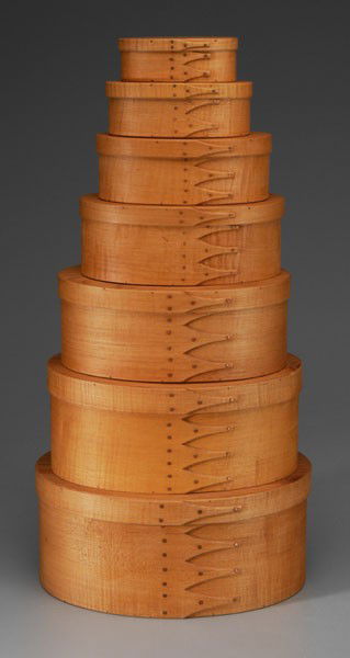 Set of Seven Shaker Style Nesting: Boxes, all marked "Charles Harvey 1990 Simple Gifts, Berea, Kentucky", maple and pine construction, finger jointed with copper pins, 2-1/8 in. to 5-5/8 in., some sun fading, otherwise excellent condit