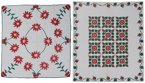 Two Floral Appliqué Quilts: American, 20th century: one with rose and bud pattern, bud and vine border, 76 x 91 in., [some abrasions to flowers, light stains;] one with poinsettia medallion, 79 x 74 in., [light stains,] both pro