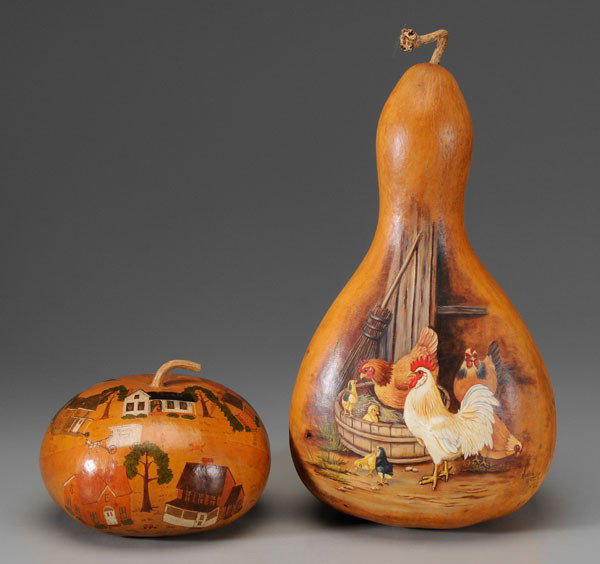 Two Painted Gourds: one with hand-painted country scene, signed "Sally Carmack, Route 6, Cynthiana, Ky", 6-3/4 in., [cracks in base probably as made;] one painted with group of chickens, unsigned, 20-1/2 in., Provenance:
