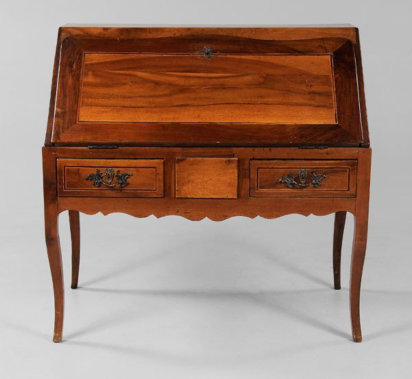 Provincial Louis XV Inlaid Walnut Desk: French, 18th/19th century, beech and pine secondary, fitted interior with four drawers and till, leather-lined writing surface, over two dovetailed drawers, 43-1/4 x 45-1/16 x 24 in., rear legs splice