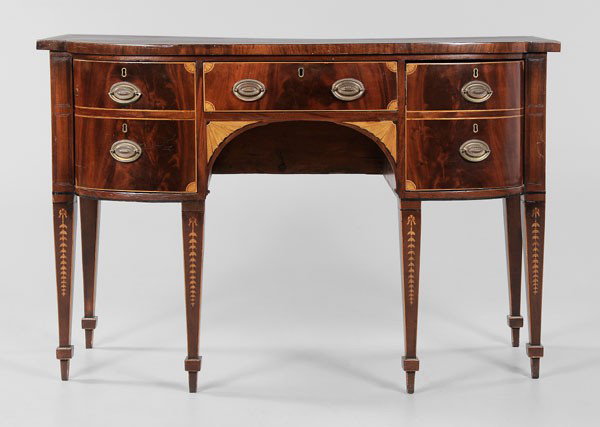 Hepplewhite Style Inlaid Mahogany: Sideboard, British, 19th century in part, banded top with central shell patera over dovetailed long drawer flanked by single door and cellaret drawer on bellflower-inlaid tapered legs, 38 x 55-1/2 x 2
