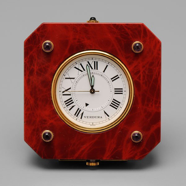 Verdura Marble and Amethyst Travel: Clock, Italian, circa 1970's, octagonal form with four applied cabochon cut amethyst, white face with black roman numerals, 2-5/8 x 2-3/8 in., with Patricia Corbett, [Verdura, the Life and Work of a M