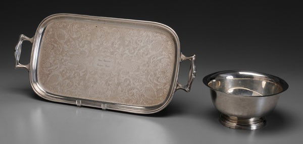 Two Pieces Miss America Silver: American, 20th century: one Revere style sterling bowl, marks for Poole, inscription on base "Presented to/Phyllis George Miss America 1971/By the/Gillette Company/Safety Razor Division/November 3, 19