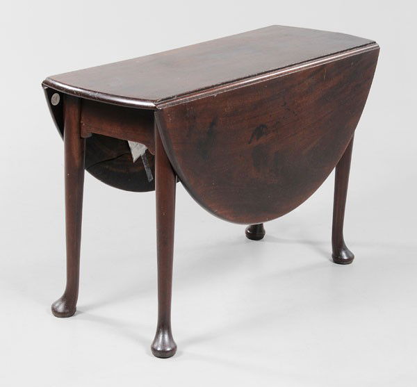 Queen Anne Mahogany Drop-Leaf Table: British, 18th century, dense mahogany with oak secondary, 27-1/2 x 45 x 16-1/2 in. (opens to 47-1/2 in.), gate legs slightly loose, cracks, surface stains, wear and abrasions consistent with age and u