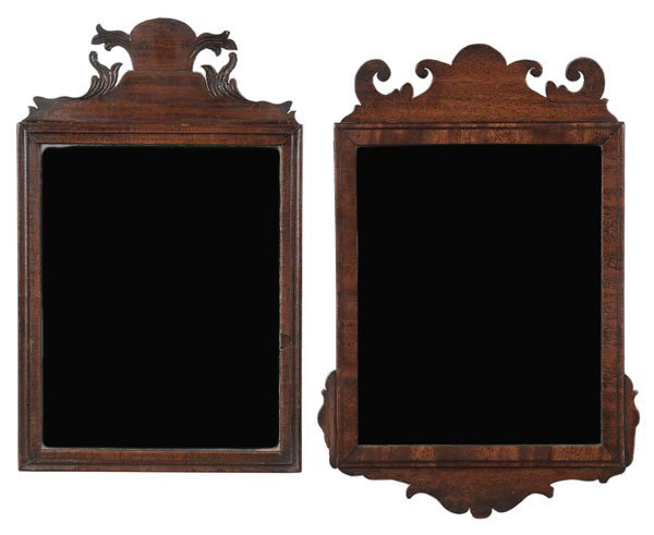 Two Queen Anne Mahogany Mirrors: British or American, 18th century: both mahogany throughout with scrolled crests, one with line-inlaid mirror surround, old mellow color, 15 x 9-1/2 in. and 15-1/2 x 10-1/2 in., one with breaks and re