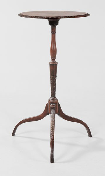 Fine Hepplewhite Carved Mahogany: Kettle Stand, British, 19th century, mahogany throughout with circular top and tripod base, very fine leaf and bellflower carving, 28 x 14-3/4 x 14-1/2 in., minor cracks and repairs at joint of legs t