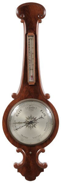 George III Barometer: British, 19th century, banjo type with scrolled borders, silvered barometer and thermometer faces, 40 in., good condition, base molding of thermometer repaired and thermometer loose on board (mercury 