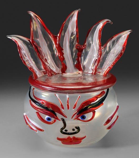 Glass Sculpture: [L'Indiano] by Ermanno Nason, Murano, Italy, frosted glass oval bowl with applied multi-colored elements defining a face, lid with cased glass feathers and original label, etched signature at bottom f
