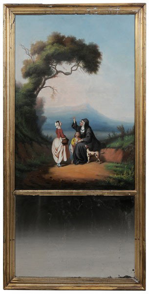 Trumeau Mirror: Continental, 19th century, nun with travelers on a path, oil on canvas, painting 27-1/2 x 26 in., mirror overall 59-3/4 x 29-7/8 in.; gilt wood frame, retouch primarily in sky, edges and point at bott