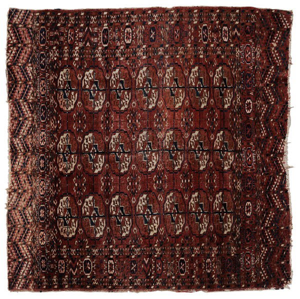 Turkmen Rug: Central Asian, early 20th century, finely woven with repeating [boteh] designs on latticework ground, 4 ft. x 4 ft. 1 in., pile varies from none to low, areas of wear with corduroy effect, 1/2 in. to 