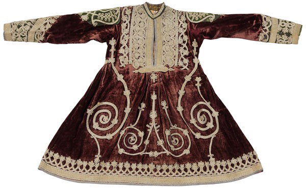 Velvet Robe: Central Asia, late 19th/early 20th century, purple velvet with green velvet accents to shoulders and sleeves, elaborately embellished with gold brocade and applied gilt cording, lined with yellow and 