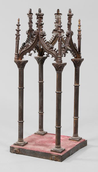 Gothic Revival Bronze Tabernacle: French, late 19th century, four columns set with elaborate Gothic spires, brass-mounted velvet base, traces of gilding, 38 x 16-1/2 x 17 in., good condition overall, velvet with stains and wear, some 