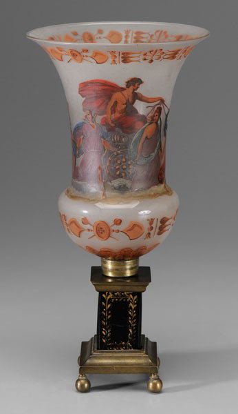 Brass-Mounted Candleholder: Continental, first half 19th century, trumpet-shaped glass shade with hand-painted decoration, classical figures and chariot, mounted on threaded heavy brass base with ball feet, 16-1/2 in., base with