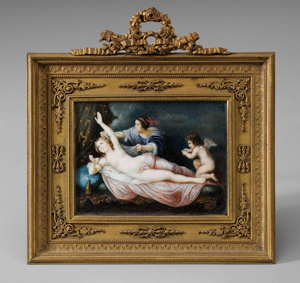 After Sir Anthony Van Dyck: (Flemish, 1599-1641), "Danae and the Golden Rain", signed lower right indistinctly, Austrian, early 20th century, watercolor on ivory, 3-3/4 x 4-3/4 in.; gilt bronze or brass neoclassical frame marked