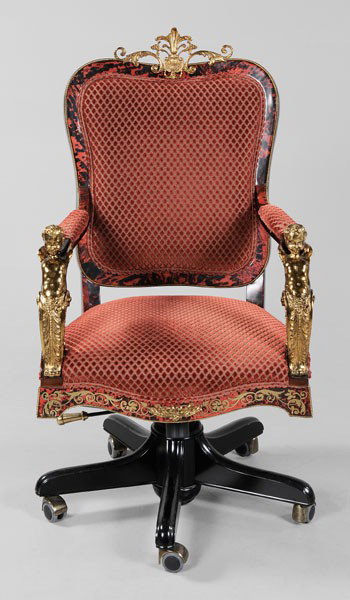 Louis XV Style Desk Chair: French or Italian, late 20th century, inlaid brass and faux tortoise with cast brass mounts on swiveling base, 44 x 24-1/2 x 23-1/2 in., excellent condition with minor surface wear Provenance: Private